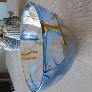 Kosta Boda Sweden Contrast Art Glass Bowl Blue Orange Yellow Swirls Anne Ehrner